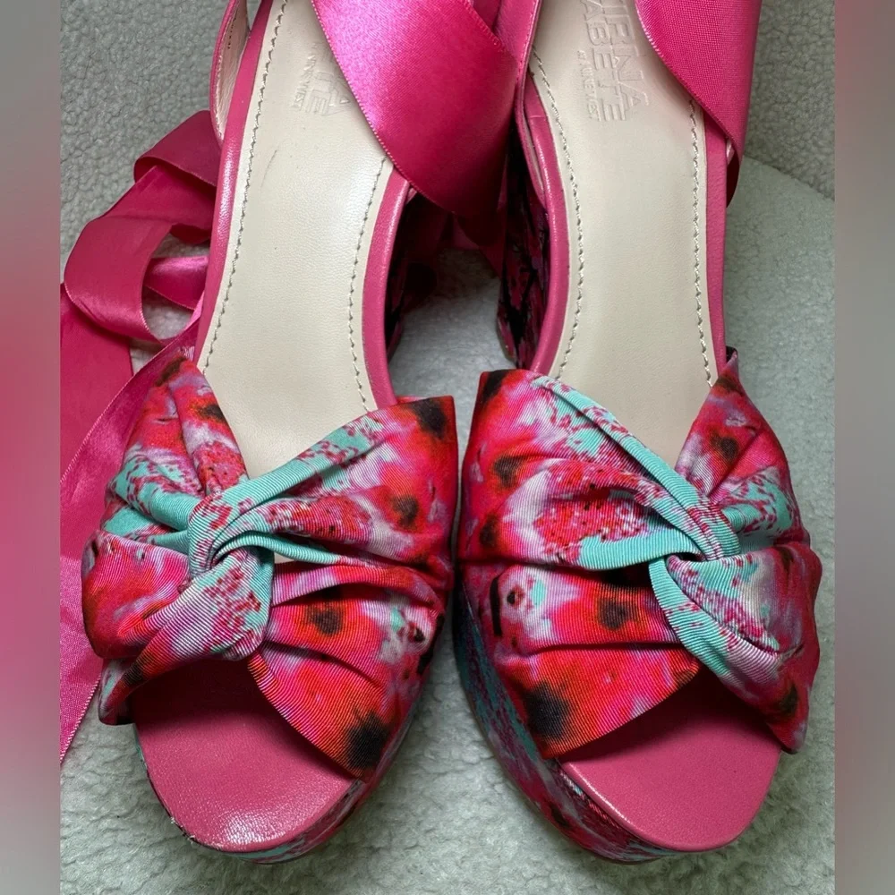 Kirna Zabete wedge platform pink floral flowers ballerina satin leg wrap tie bow